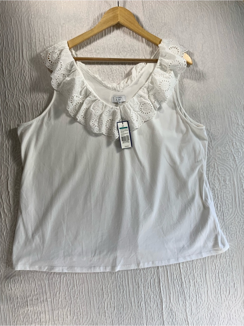 crown & ivy White Eyelet Ruffle Tank Top